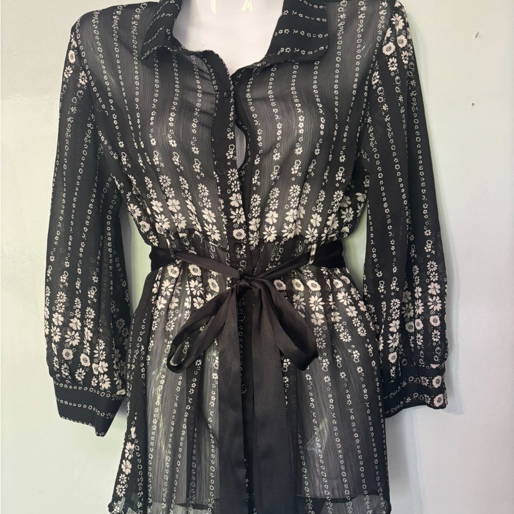 Forever 21 Black Blouse with Puff Sleeves and Tie Front